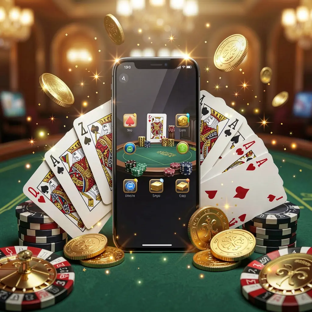 DBTWIN mobile gaming application concept showing a smartphone surrounded by playing cards, roulette chips, gold coins, and sparkling lights in a premium casino style