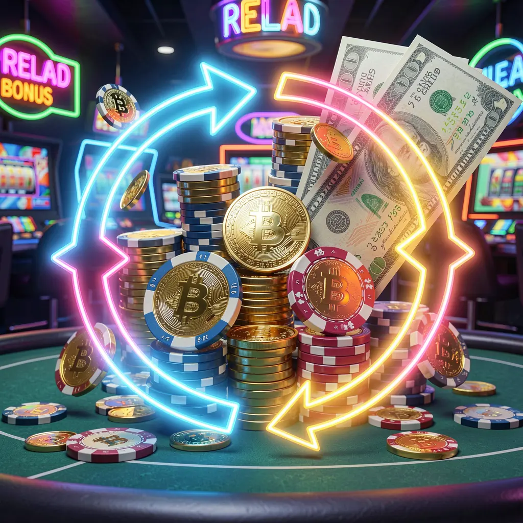 DBTWIN reload bonus casino visual featuring glowing circular arrows around coins, chips, and cash with a modern neon casino background in a high detail 3D render
