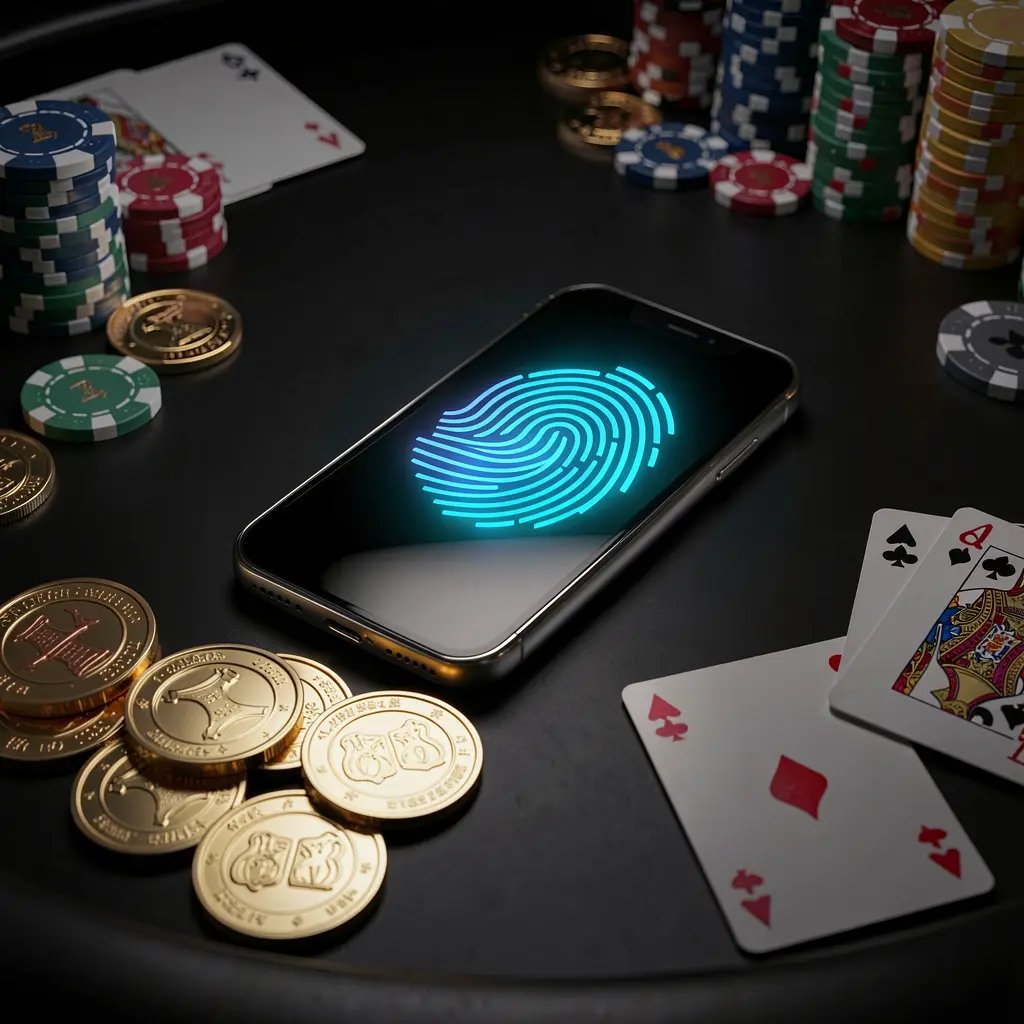 DBTWIN online casino authentication concept showing a phone with a glowing fingerprint scan on a premium black table surrounded by poker chips, golden coins, and playing cards in a cinematic 3D render