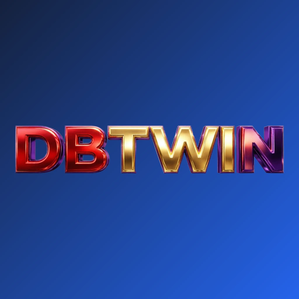 Bright premium DBTWIN logo with thick uppercase typography in vivid gold, red, and purple colors, polished metallic finish, strong visual impact on a transparent background, designed as a wide horizontal rectangular wordmark for website header