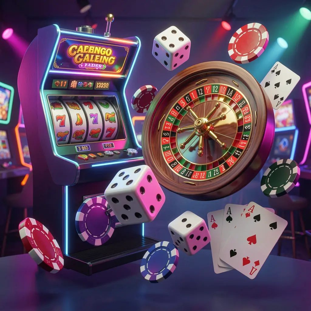 DBTWIN casino games collection homepage visual featuring a slot machine, roulette wheel, dice, playing cards, and poker chips floating together with colorful neon lights in a premium 3D render